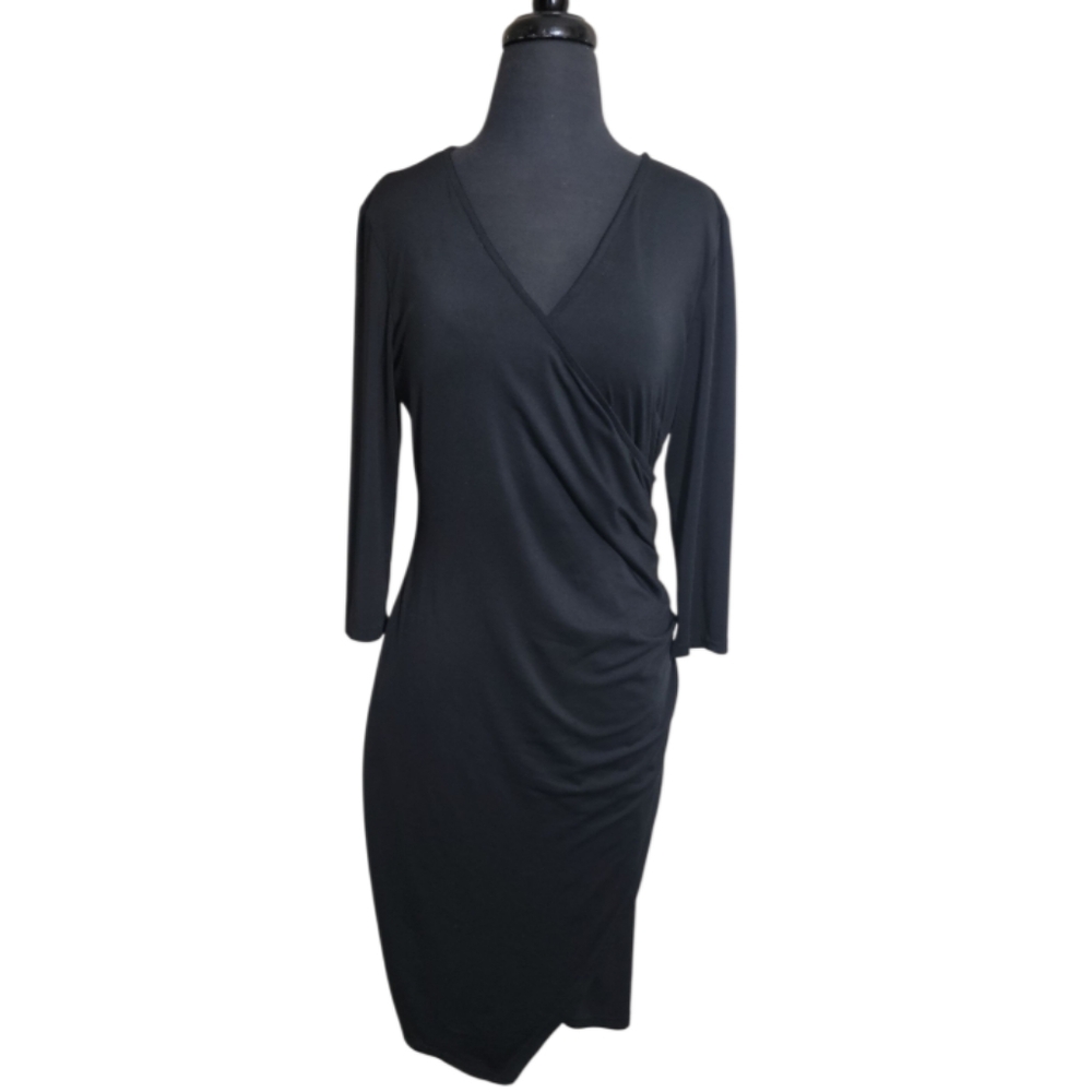 Glory Sunshine elegant black v neck faux wrap asymmetrical hem dress size XL